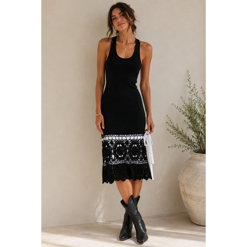 Black Crochet‎ Hem Racerback Sweater Dress Boho Coquette Festival XS